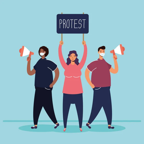 Άτομα που φορούν ιατρικές μάσκες διαδηλώνουν με πλακάτ και μεγάφωνο — Διανυσματικό Αρχείο