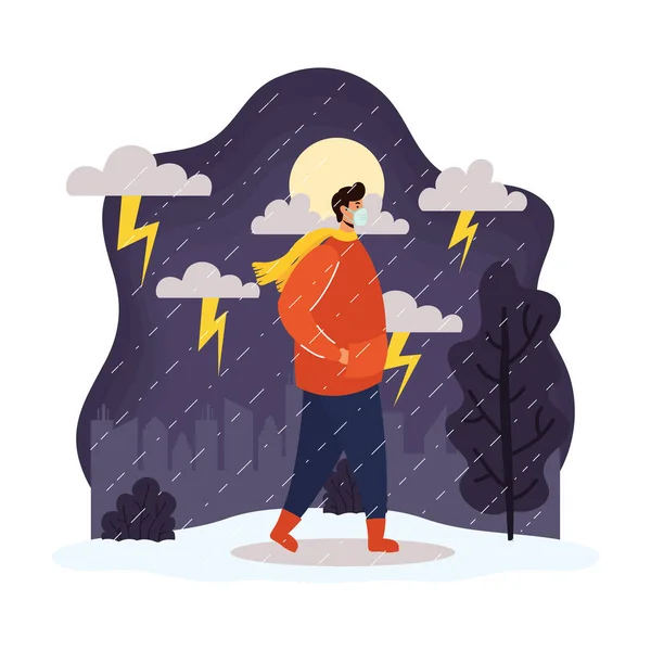 Young man wearing medical mask in rainy weather character — Stock Vector