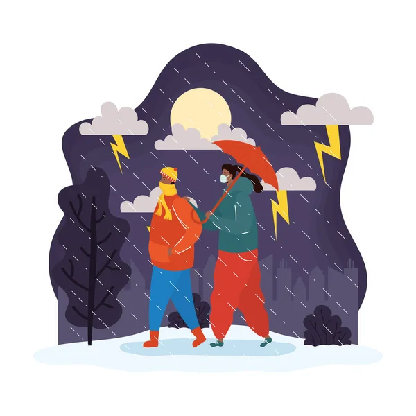 Молодая пара в медицинских масках в дождливую погоду — стоковый вектор