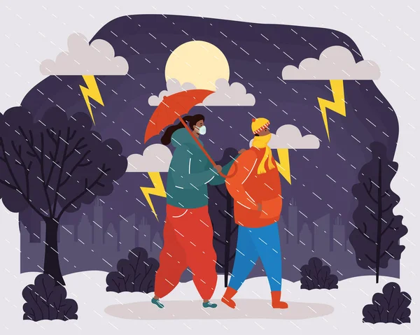Афро молодая пара в медицинских масках в дождливую погоду — стоковый вектор