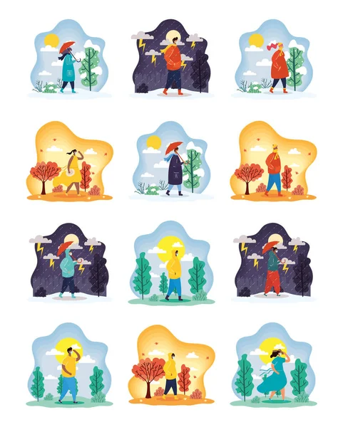 Interracial young people wearing medical masks in seasonal scenes — Stock Vector