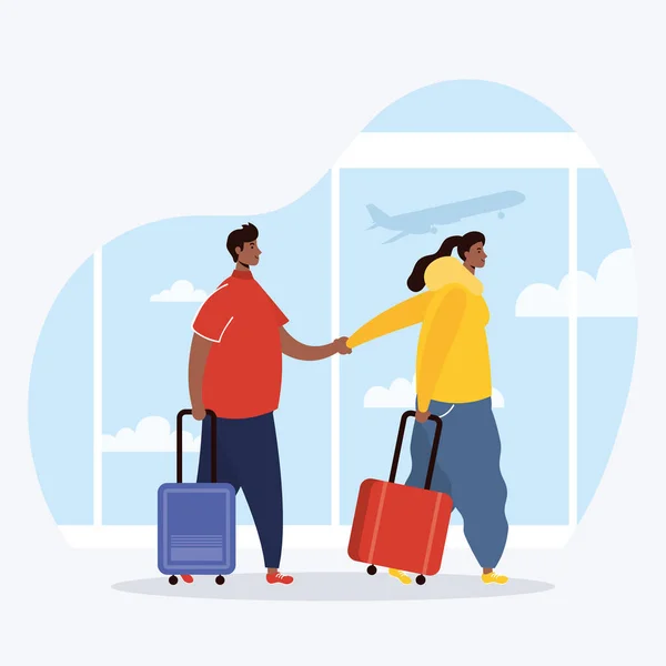 Interracial pareja viajeros con maletas avatares caracteres — Vector de stock