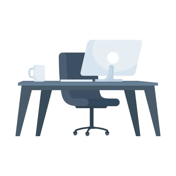 Lieu de travail de bureau avec bureau et tasse de café scène — Image vectorielle