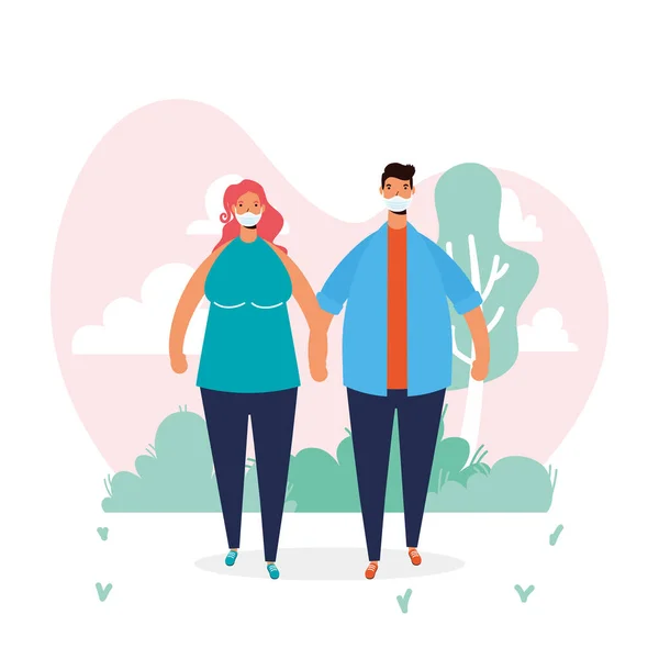 Jeune couple portant des masques médicaux personnages de marche — Image vectorielle
