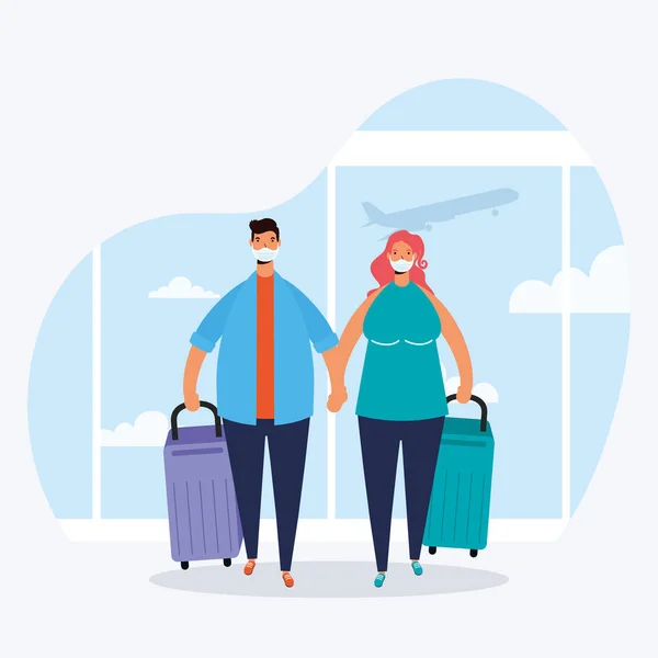 Young couple travelers with suitcases avatars characters — Stock Vector