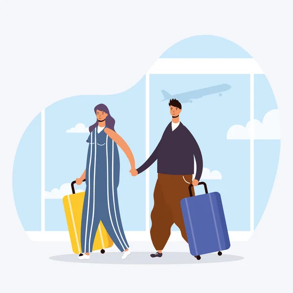 Joven pareja viajeros con maletas avatares caracteres — Vector de stock