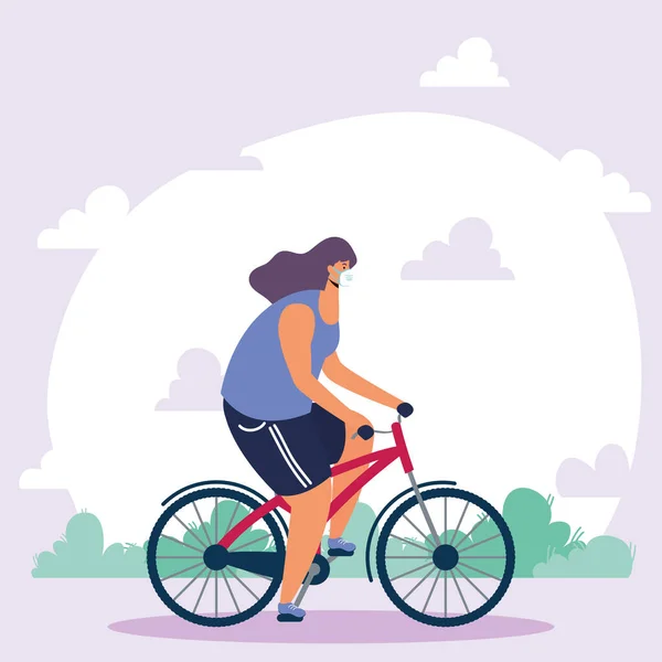 Mujer joven con máscara médica en bicicleta — Vector de stock