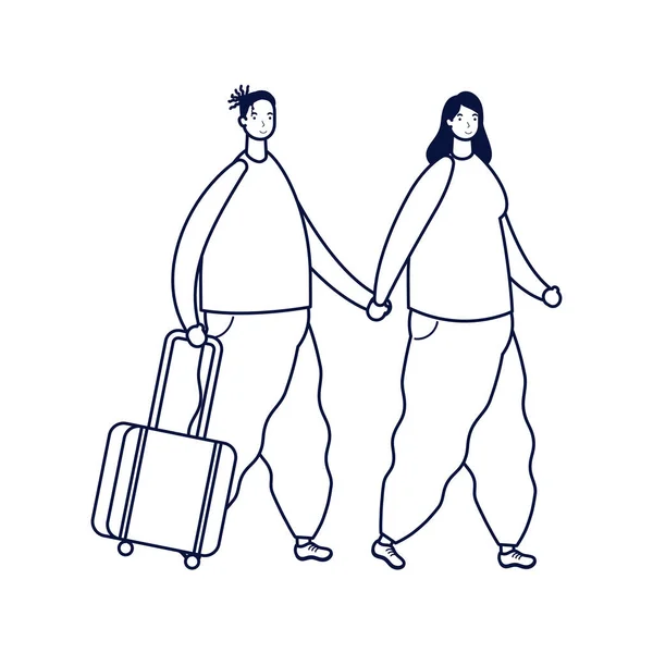 Giovani viaggiatori coppia con valigette avatar personaggi — Vettoriale Stock