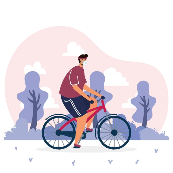 Joven con máscara médica en bicicleta — Vector de stock