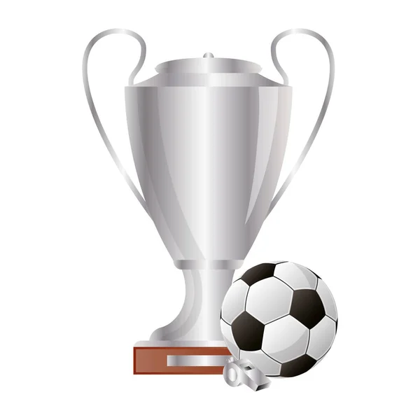 Soccer sport balloon football with referee whistle and trophy cup — Stock Vector