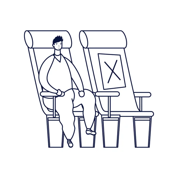 Jeune homme assis dans un fauteuil d'avion avatar personnage — Image vectorielle