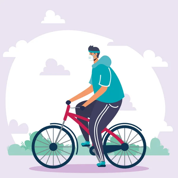 Giovane uomo con maschera medica in bicicletta — Vettoriale Stock