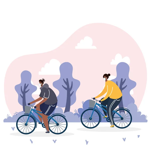 Afro young couple wearing medical masks in bicycles — Stock Vector