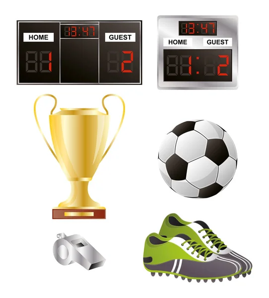 Piłka nożna balon piłki nożnej ze sprzętem buty i trofeum — Wektor stockowy