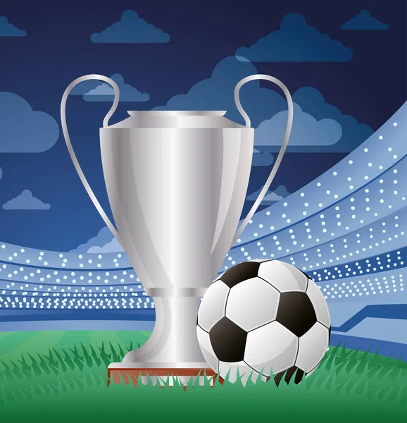 Piłka nożna sport emblemat plakat z balonem i trofeum — Wektor stockowy
