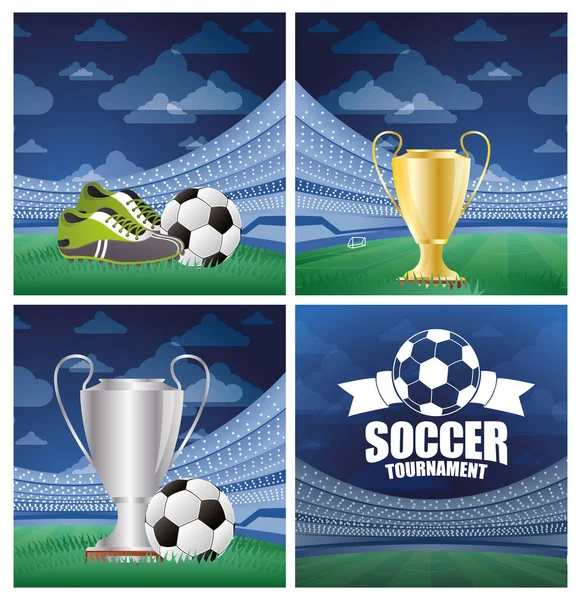 Fútbol deporte balón de fútbol con silbato árbitro y copa trofeo — Vector de stock