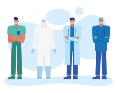 Tıbbi maske takan profesyonel erkek doktorlar.