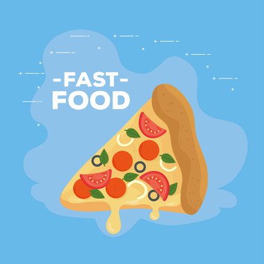 Bir dilim pizzayla birlikte fast food posteri.