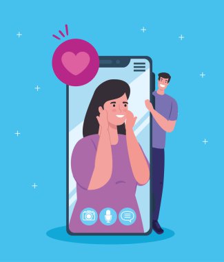 Video görüşmesinde akıllı telefonu olan genç çift, sosyal medya kavramı
