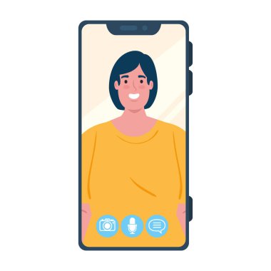 Genç kadın sosyal medya konseptiyle ekranda akıllı telefon görüntüsü