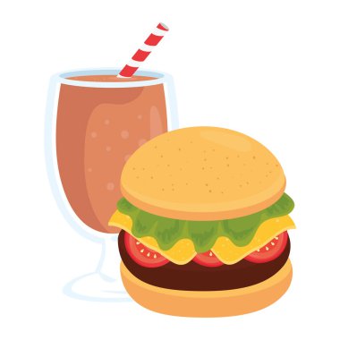 Fast food, beyaz arka planda hamburgerli bir fincan lezzetli milkshake.