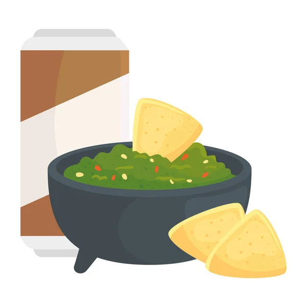 Guacamole with nachos and beer in can, on white background - Stok Vektor