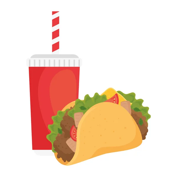 Fast food, taco mexicain avec boisson bouteille, sur fond blanc — Image vectorielle