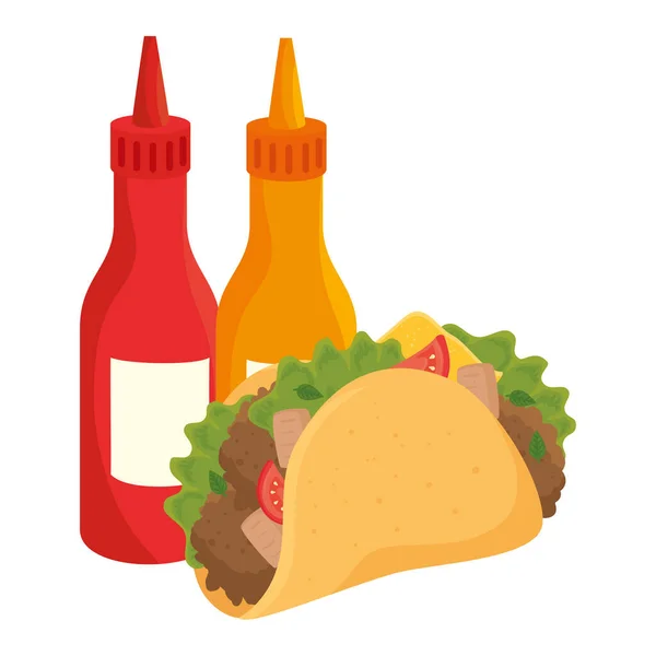 Comida rápida, comida mexicana de tacos con salsas embotelladas, sobre fondo blanco — Vector de stock