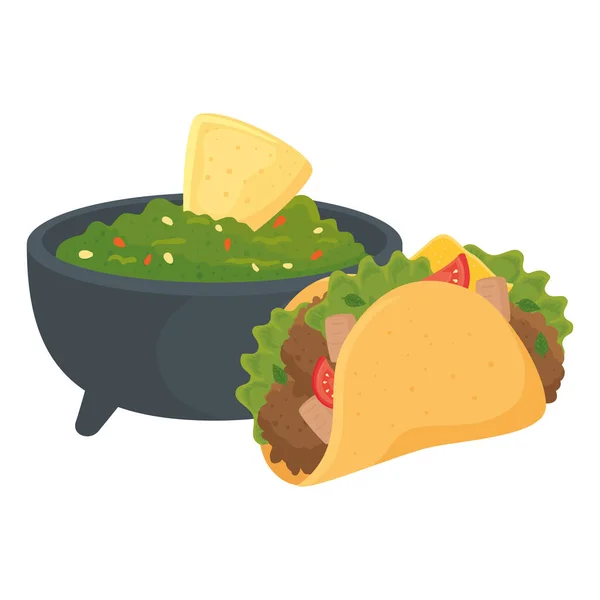 Makanan cepat saji, taco mexican makanan dengan guacamole, di latar belakang putih - Stok Vektor