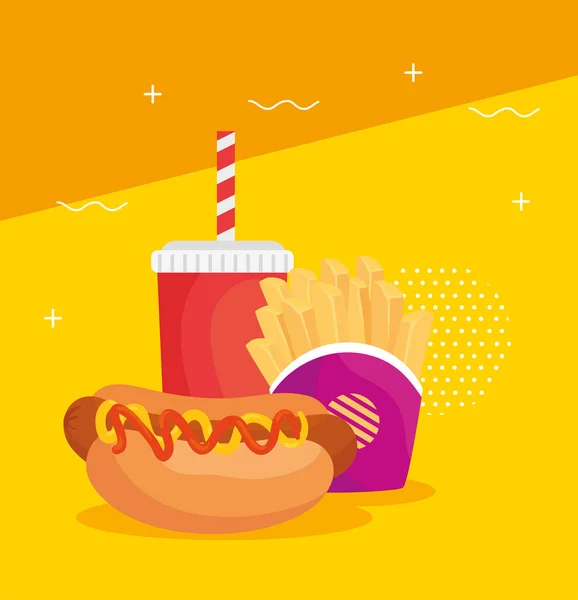 Fast food, hot dog aux pommes de terre frites et boisson bouteille — Image vectorielle