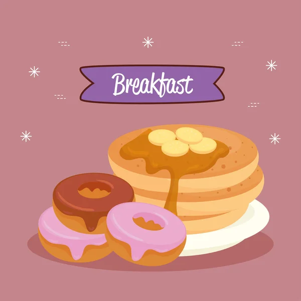 Breakfast poster, pancakes with donuts — Stock Vector