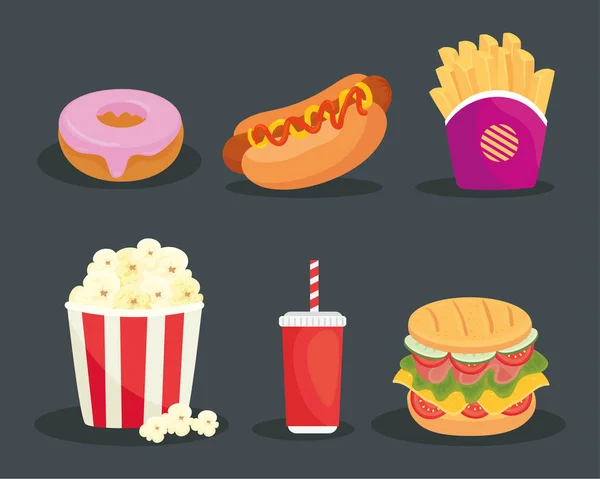Set di deliziosi fast food in sfondo grigio — Vettoriale Stock