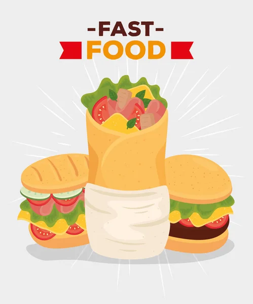 Plakát s rychlým občerstvením, burrito se sendvičem a burger — Stockový vektor