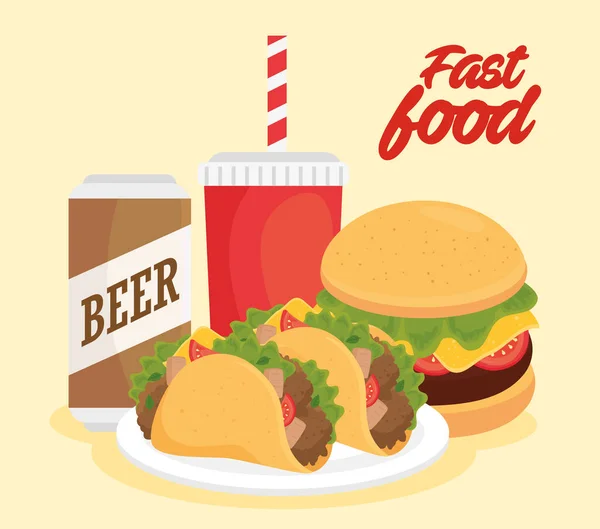 Afiche de comida rápida, hamburguesa con sándwich y bebidas — Vector de stock