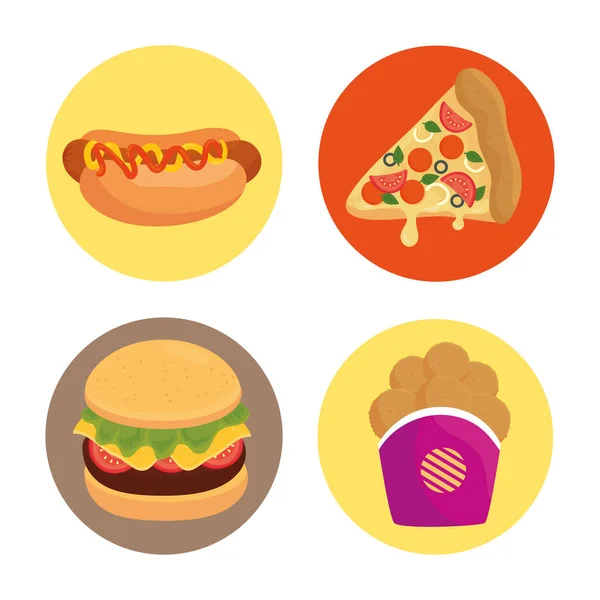 Deliciosa comida rápida en marcos de círculo en fondo blanco — Vector de stock