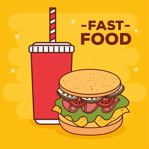 Fast food poster, sandwich with bottle drink — Stock Vector