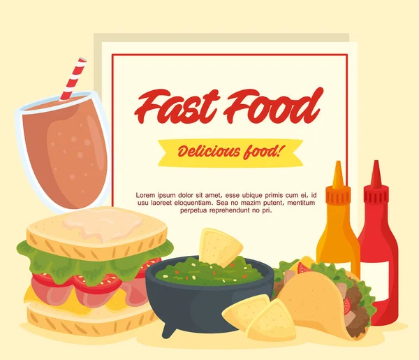 Cartel de comida rápida, guacamole con sándwich y alimentos — Vector de stock