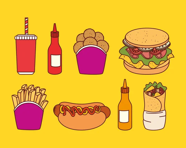 Conjunto de deliciosa comida rápida en fondo amarillo — Vector de stock