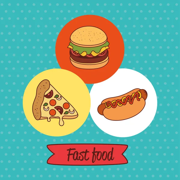 Fast food posteri, hamburger ve sosisli pizza. — Stok Vektör