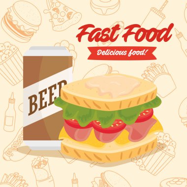 Fast food posteri, içinde bira olan sandviç.