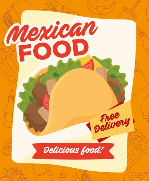 Plakat meksykańskiego jedzenia z taco i bezpłatną dostawą — Wektor stockowy