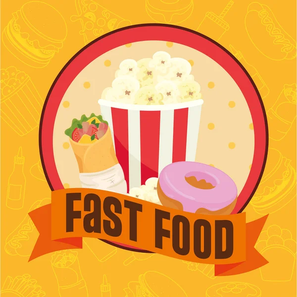 Fast food poster, popcorn with donut and burrito — Stock Vector
