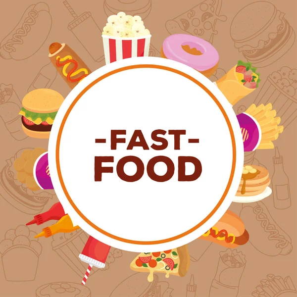 Fast-Food-Poster, runde Rahmen mit leckerem Fast Food — Stockvektor