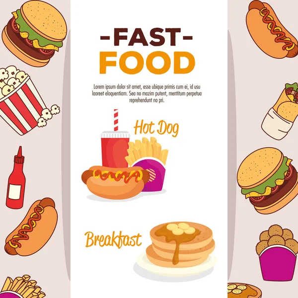 Cartel de comida rápida, con iconos de deliciosa comida rápida — Vector de stock
