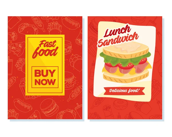 Set cartel comida rápida comprar ahora y sándwich — Vector de stock