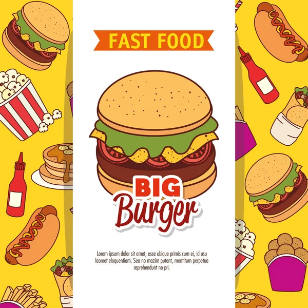 Fast food poster, met heerlijke grote hamburger — Stockvector