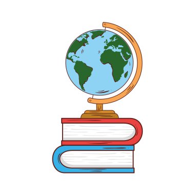 Okul sembolü, dünya gezegeni, edebiyat kitapları yığını.