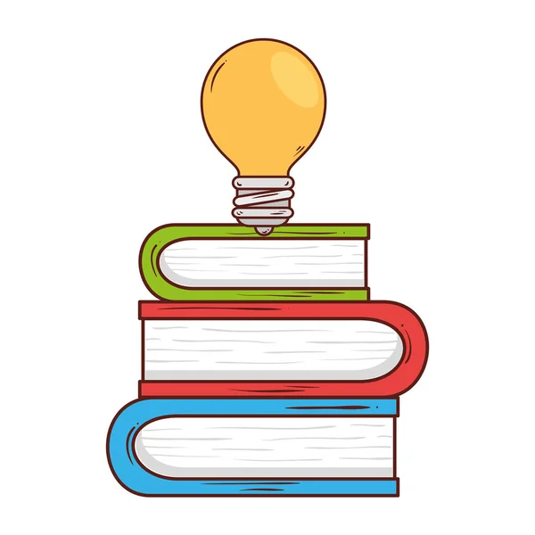 Skolsymbol, glödlampa i högen av böcker litteratur — Stock vektor