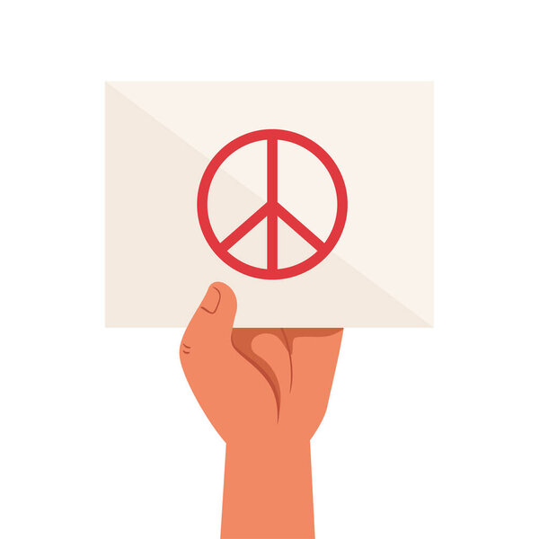 hand and protest placard with symbol peace and love, in white background
