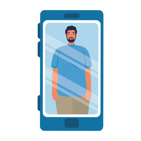 Homem no dispositivo de smartphone, conceito de mídia social —  Vetores de Stock